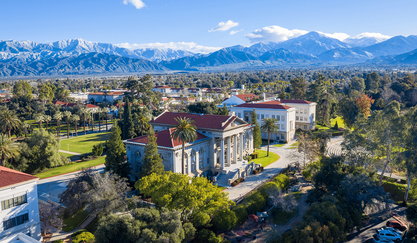 Aerial view of the University of Redlands and the Administration building on the bottom right.