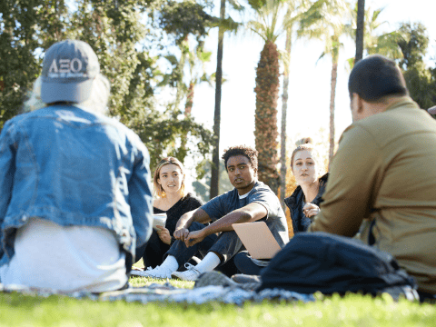 a group of people sitting on the grass