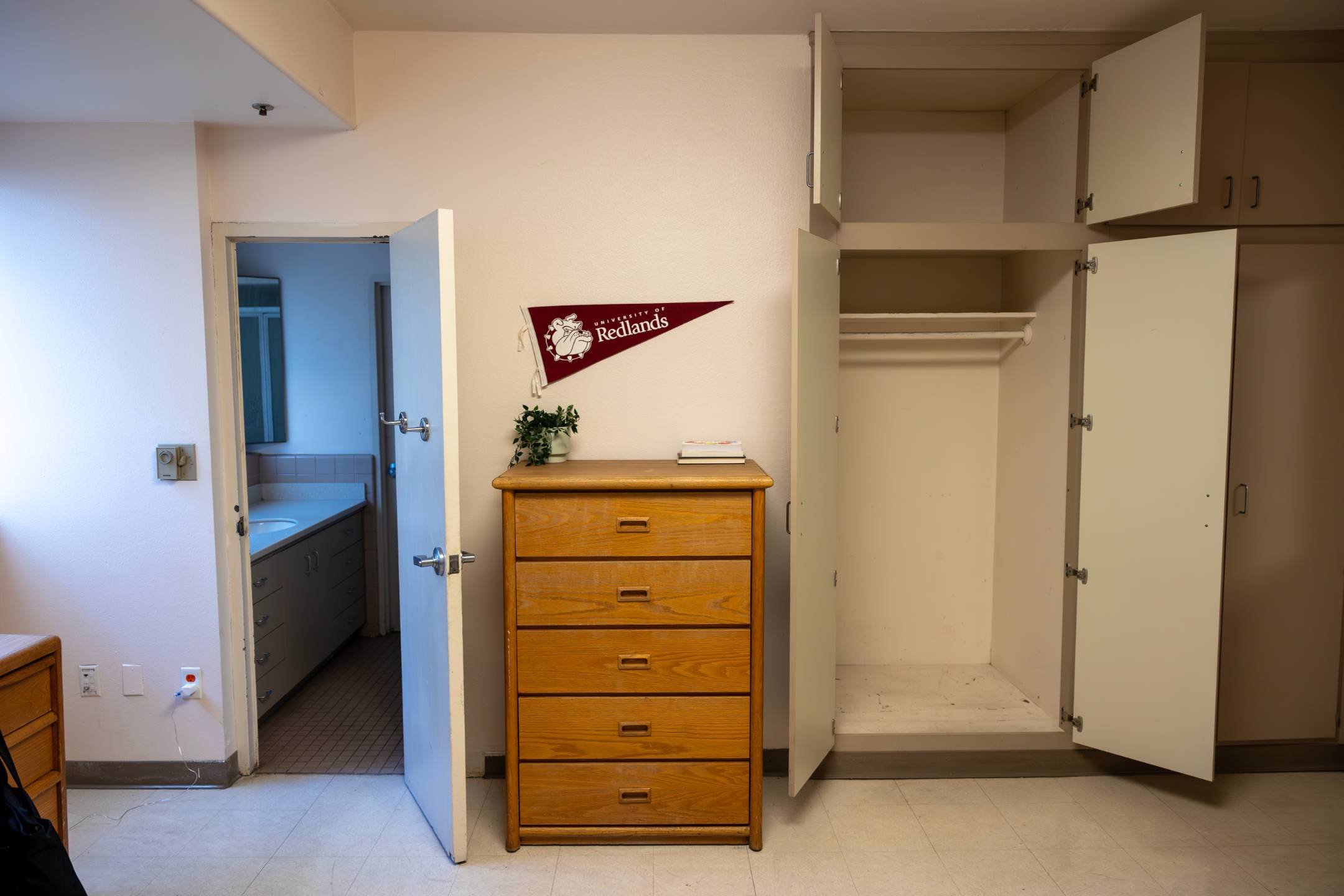 a closet with a flag on the wall