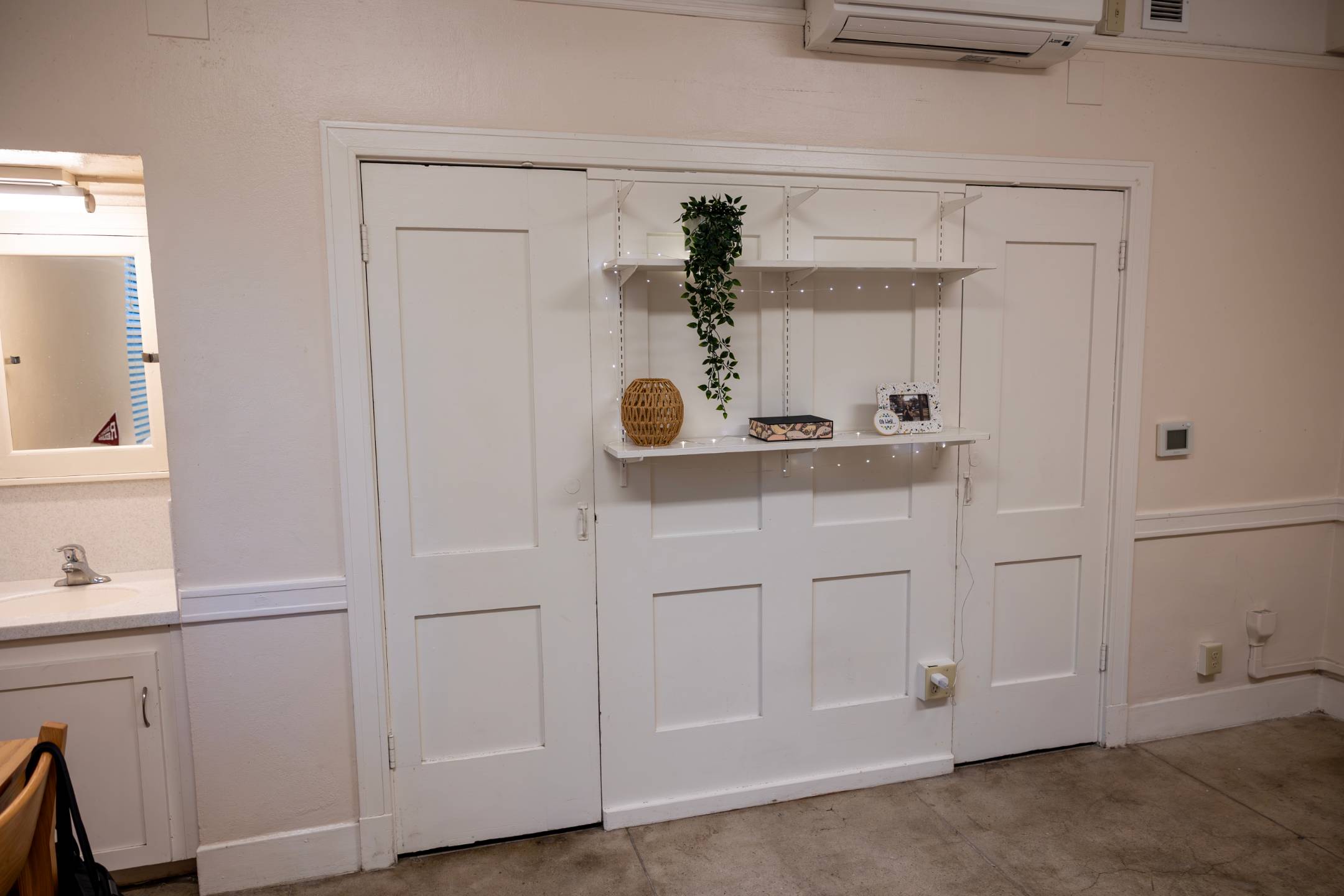a white shelf with a plant on it