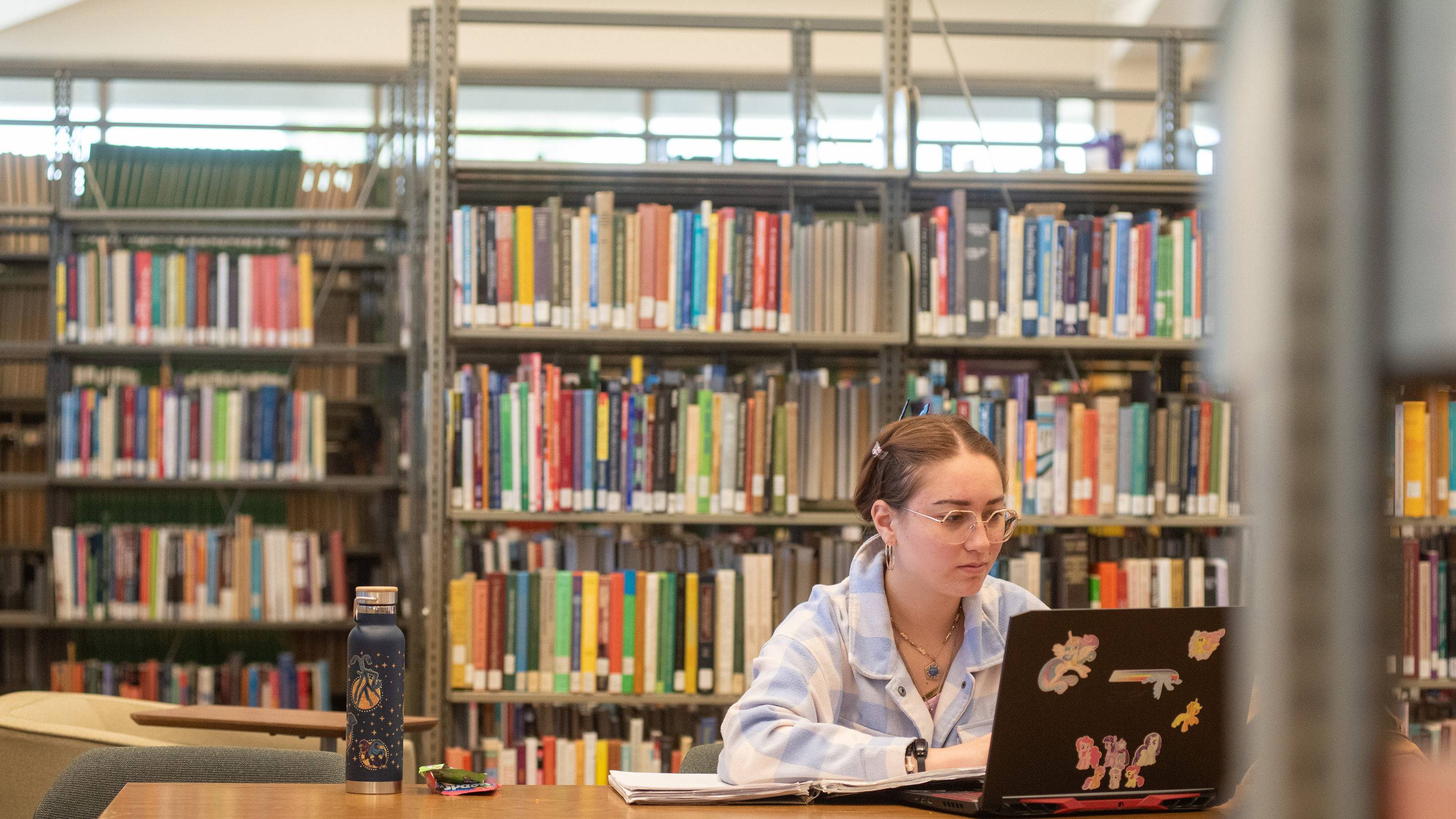 a woman sitting at a desk in front of a laptop