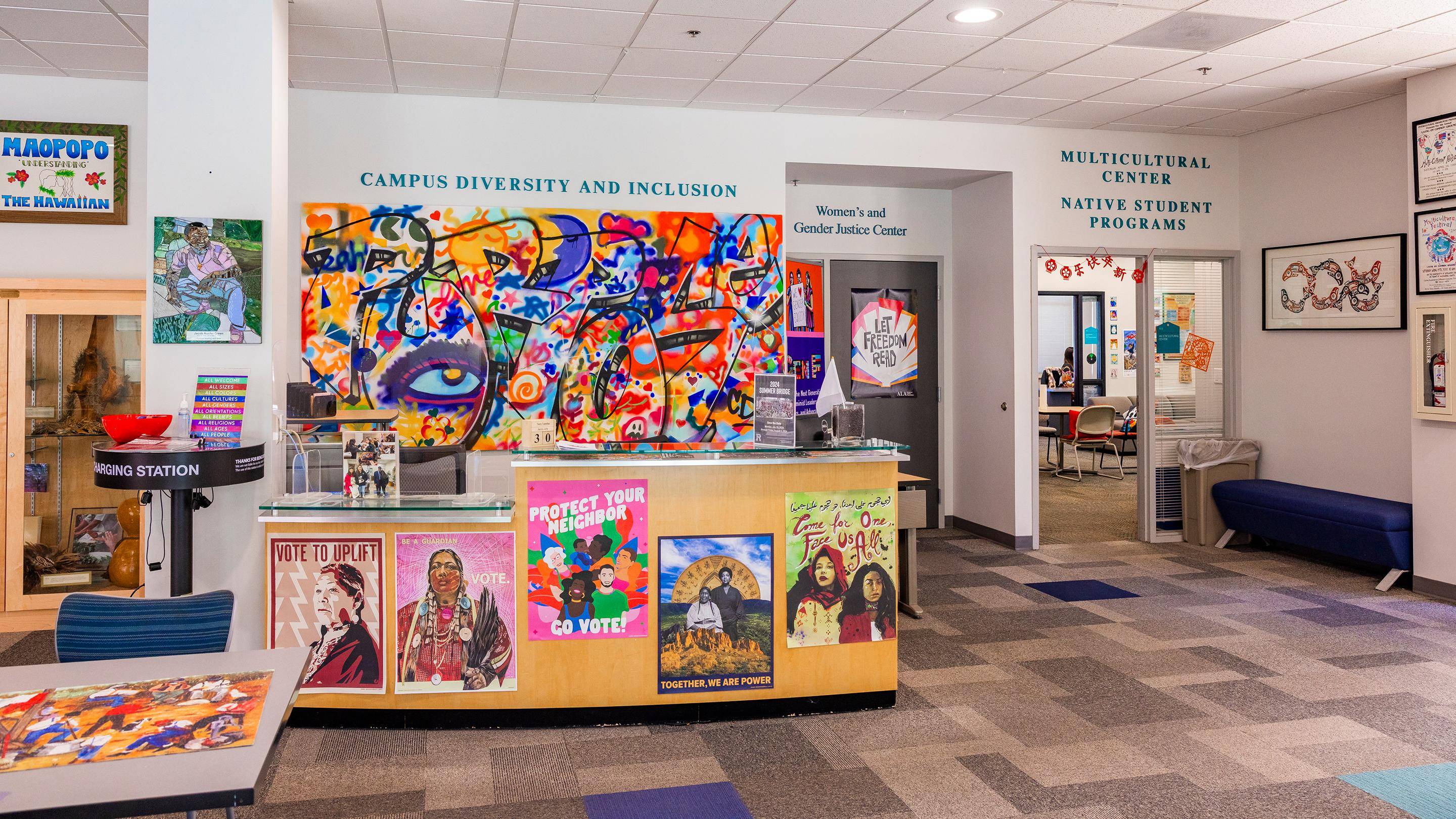 a colorful art on a wall in a library