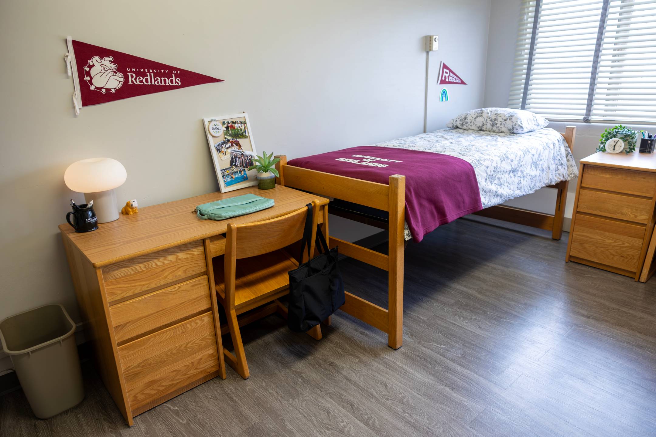 a bedroom with a desk and a bed