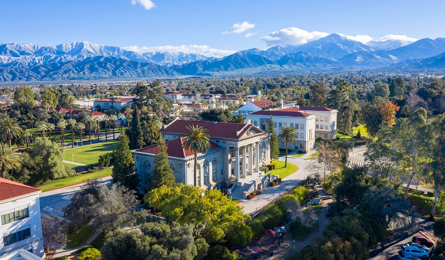 Aerial view of the University of Redlands and the Administration building on the bottom right.