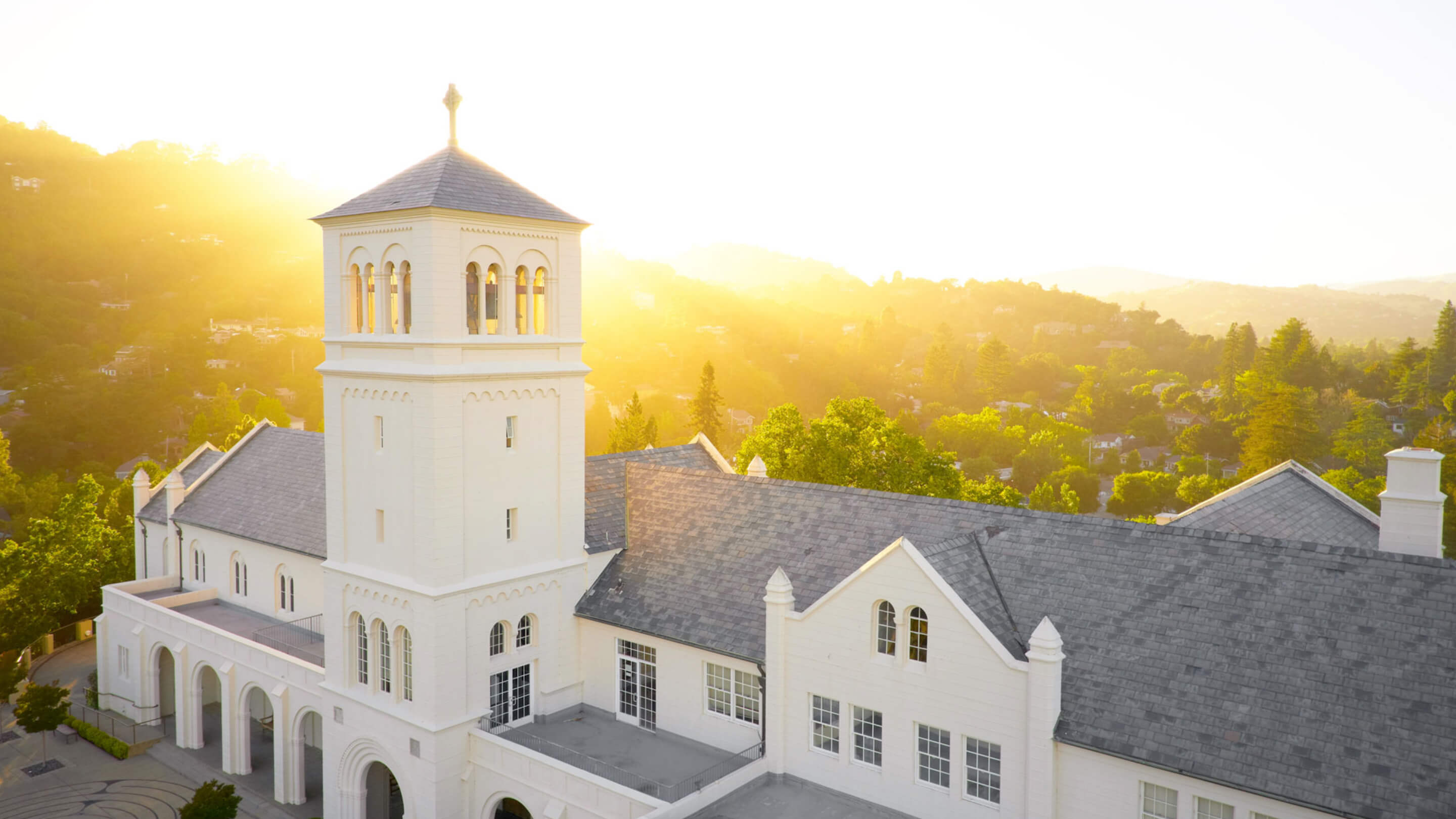 a white building with a tower