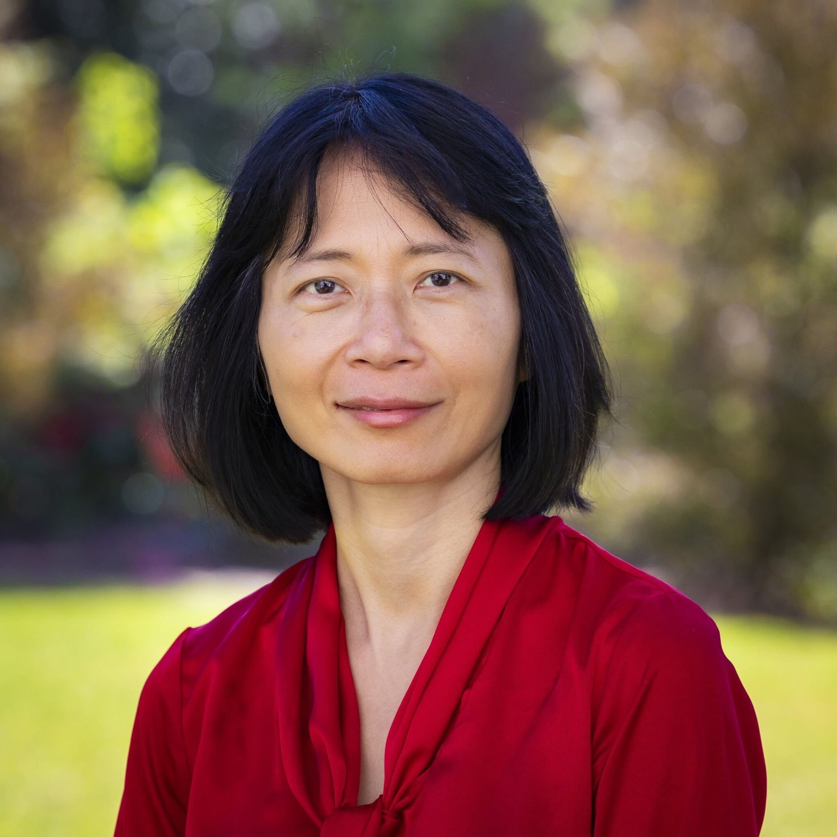 a woman in a red shirt