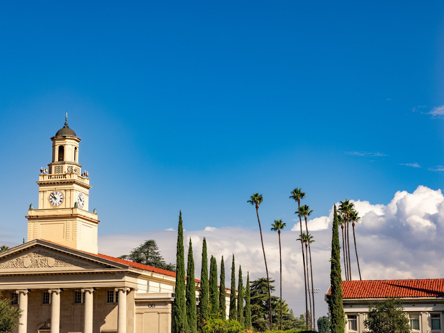 a building with a clock tower and trees