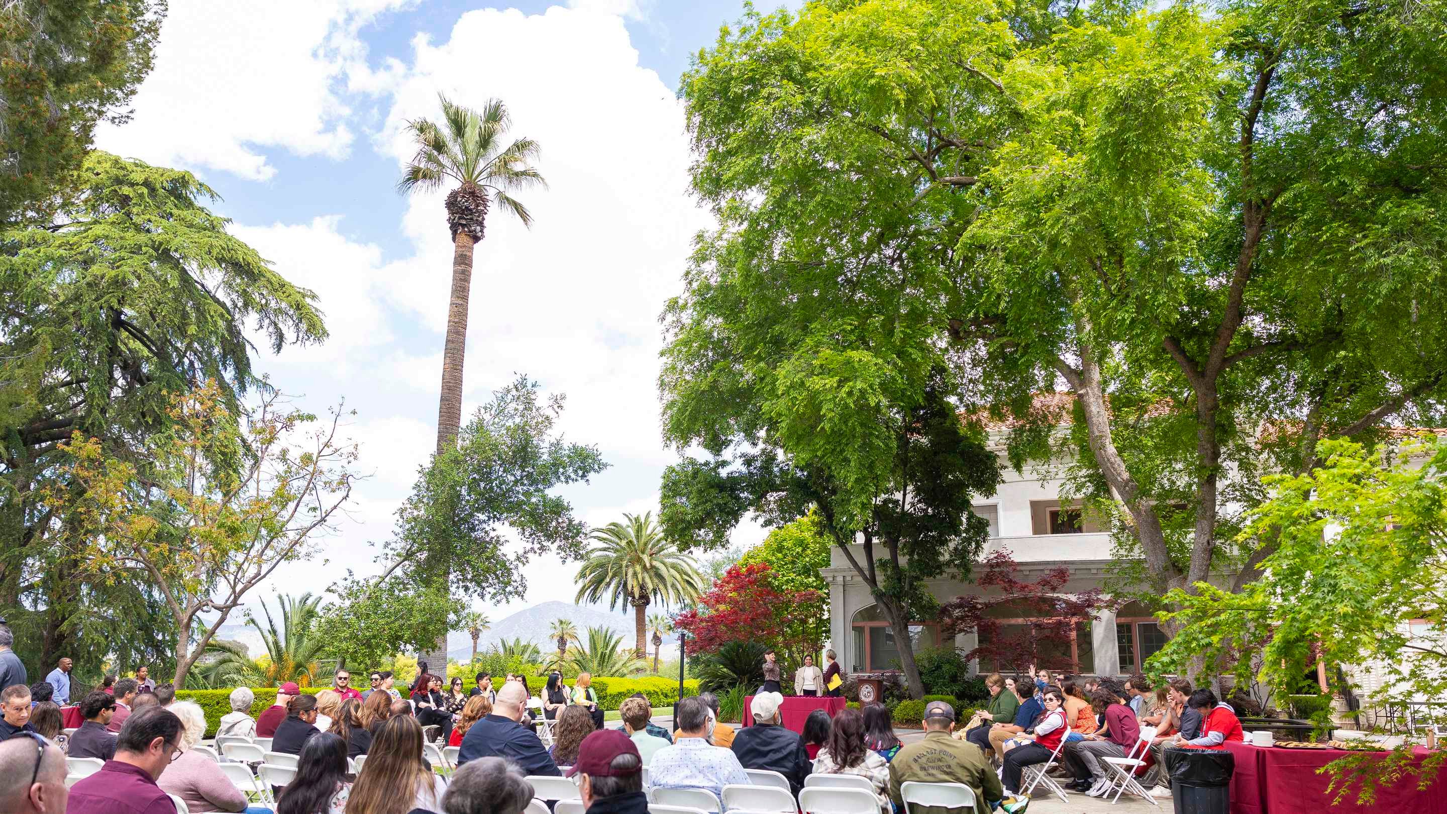 a group of people sitting in chairs outside