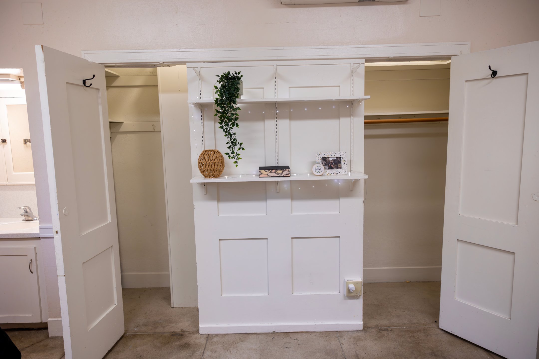 a white shelf with a plant on it