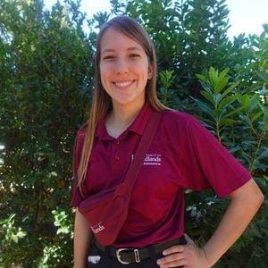 a woman in a red shirt